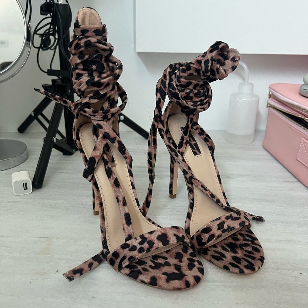 Cheetah lace up heels open toe brand new